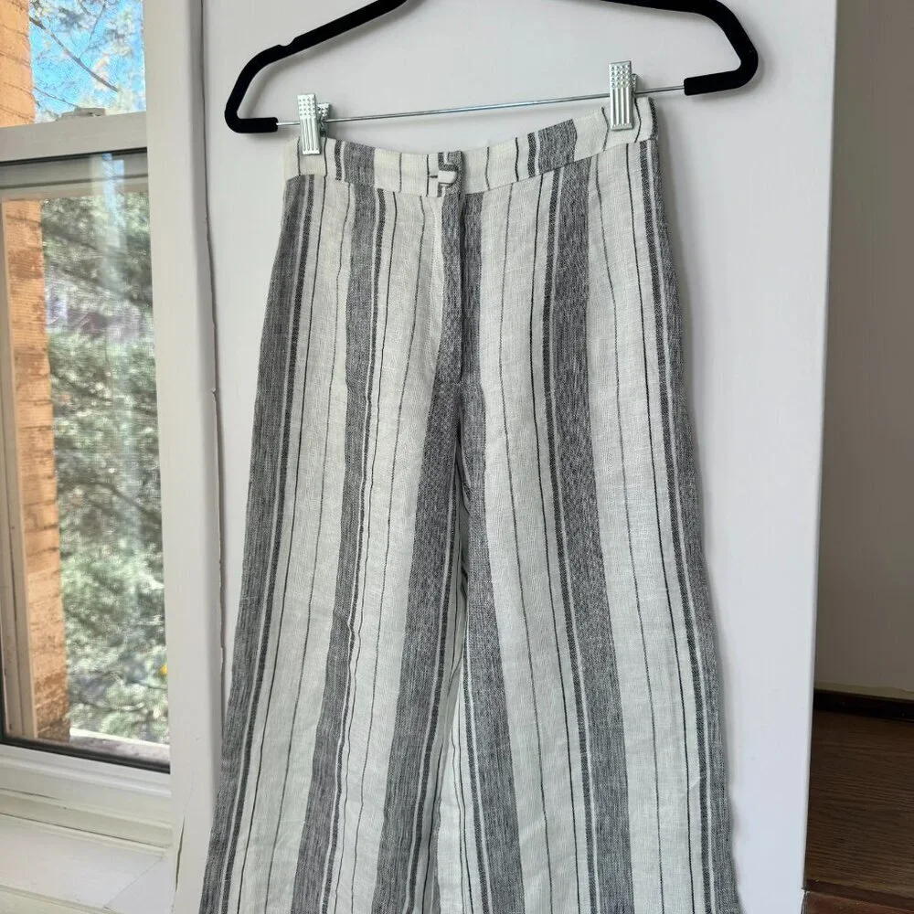 Reformation Romero Striped Linen Wide-Leg Pants White Grey 0